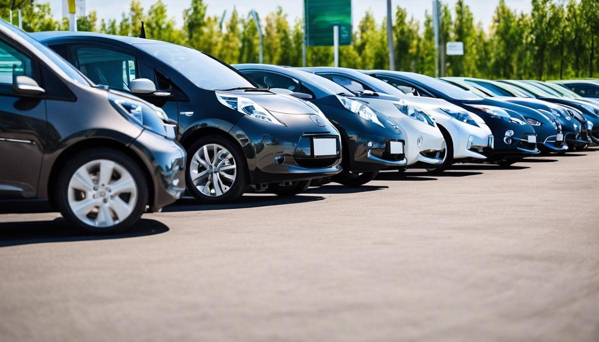 Image: Diverse electric and hybrid vehicles at a car rental lot, symbolizing the growing influence of eco-friendly options in the car rental industry.