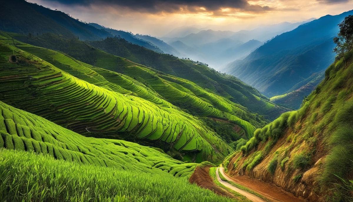 A serene mountainous landscape with a road winding through it, representing the journey from Palani to Kodaikanal.