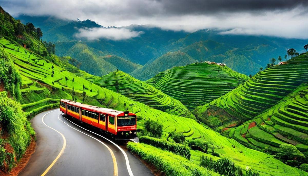 A scenic view of the journey from Palani to Kodaikanal, showcasing the beauty of the Western Ghats and the winding roads amidst lush greenery.