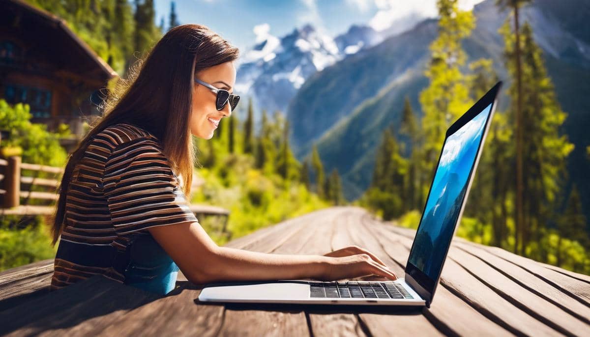 Image depicting a traveler researching a tour operator online, symbolizing the process of selecting a reliable and budget-friendly tour operator.