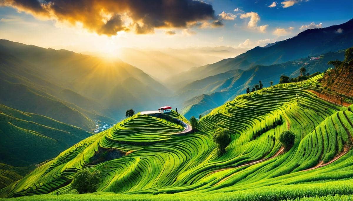 A serene mountain landscape with winding roads and a cab driving through, symbolizing a scenic cab journey from Palani to Kodaikanal.