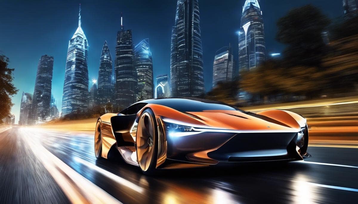 A futuristic car on a road with a blurred cityscape in the background.