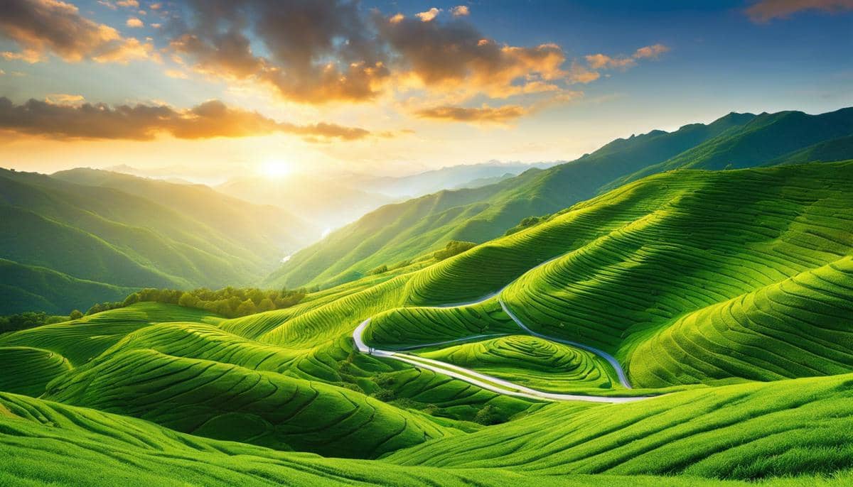 A scenic view of winding roads through lush green mountains, symbolizing an eco-friendly journey.