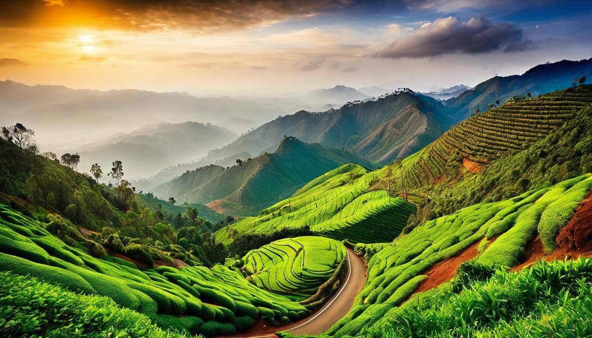 A picturesque view of a winding road leading up to the lush green mountains of Kodaikanal.