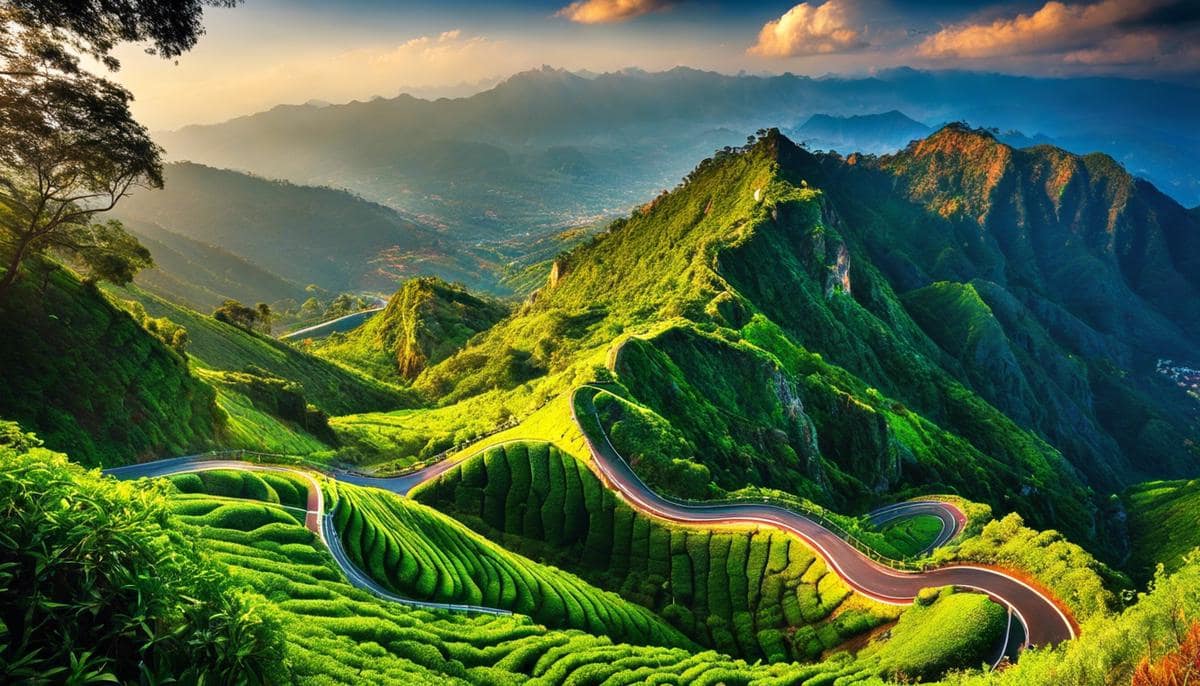 A scenic image of a mountain road with hairpin bends, depicting the thrilling journey experience from Palani to Kodaikanal.