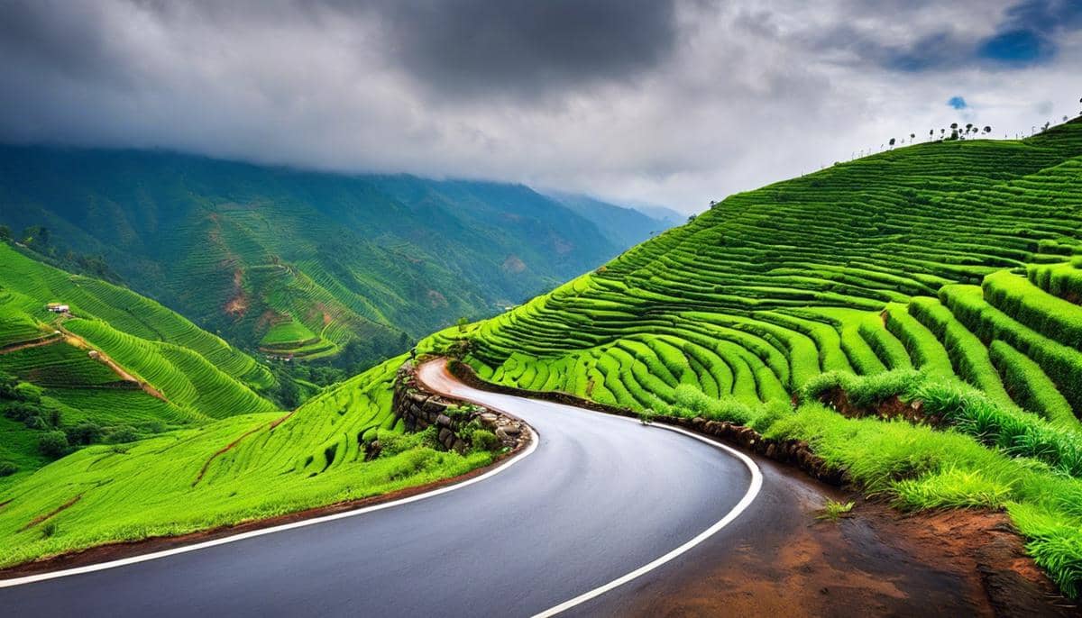 A serene image capturing the beauty of the journey from Palani to Kodaikanal, showcasing lush green landscapes and winding mountain roads.