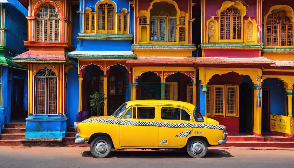 Kodai Call Taxi - A yellow taxi car parked outside a colorful building in Kodaikanal, India