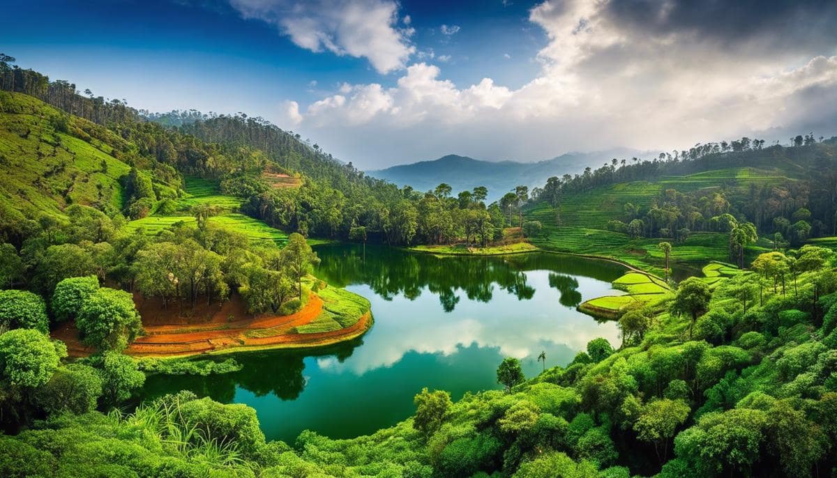 A scenic image of Kodaikanal forest with lush green trees and a tranquil lake in the center.