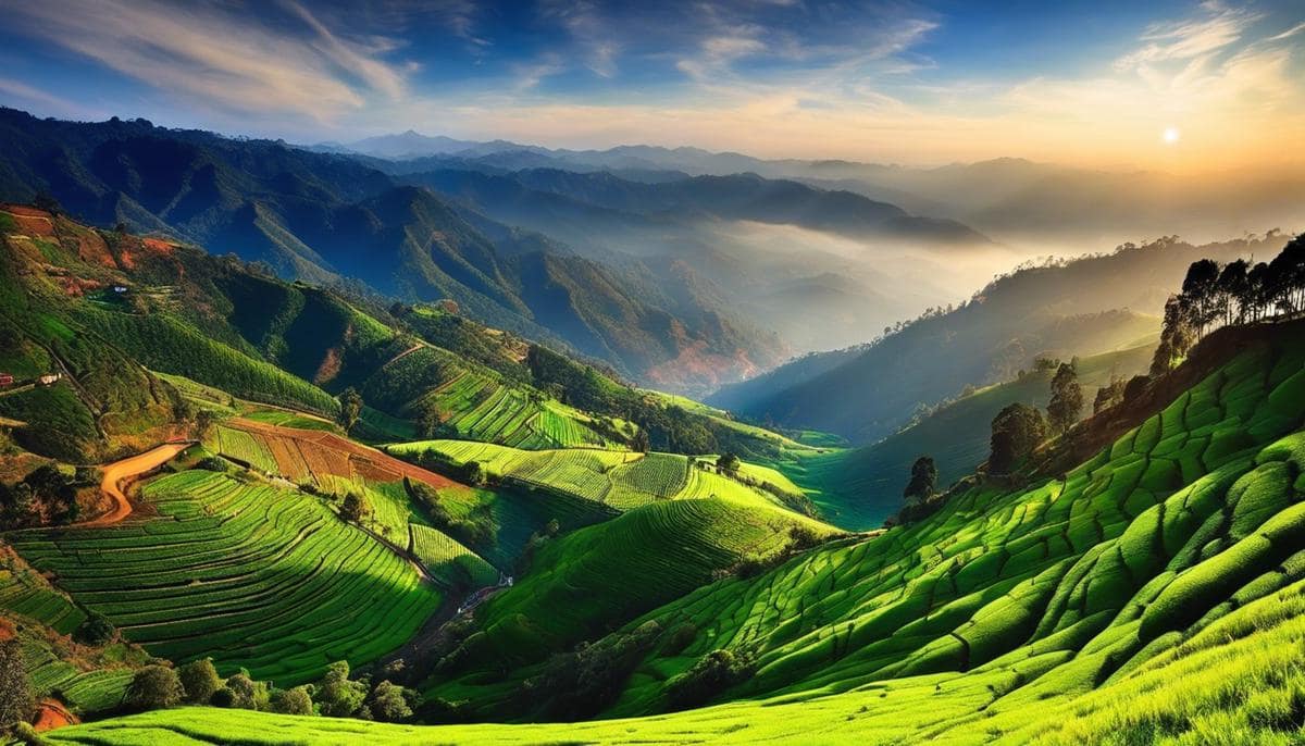 A breathtaking landscape of Kodaikanal, showcasing rolling hills, mystic mountains, fragrant forests, and lush landscapes.