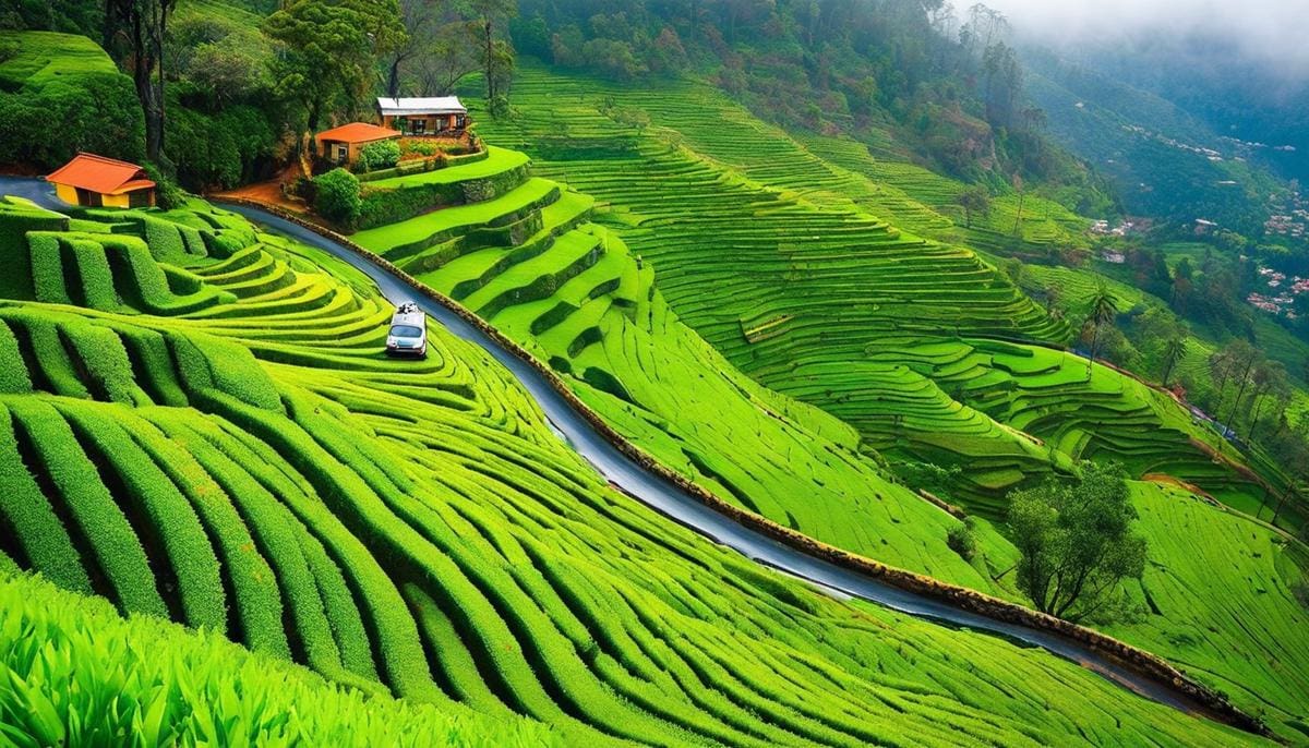 A picture of a taxi navigating through the winding roads amidst the plush green landscapes of Kodaikanal, with hidden waterfalls and quaint cottages in the background.