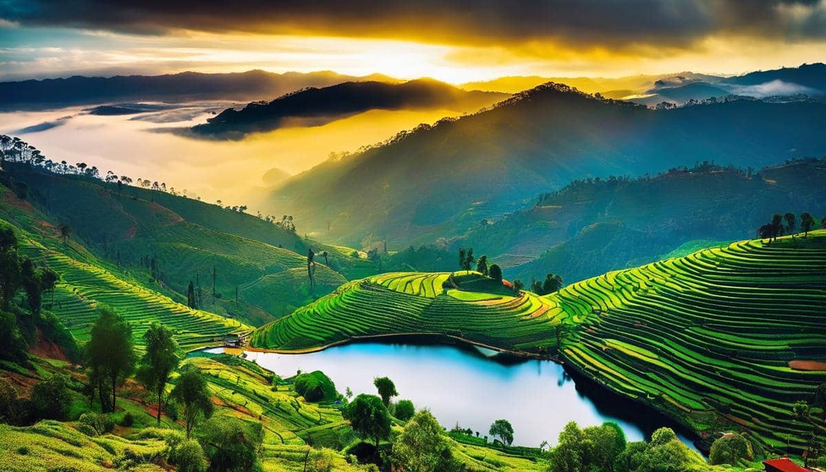 An image capturing the serene beauty of Kodaikanal, showcasing its lush greenery, sparkling lake, and towering mountains.