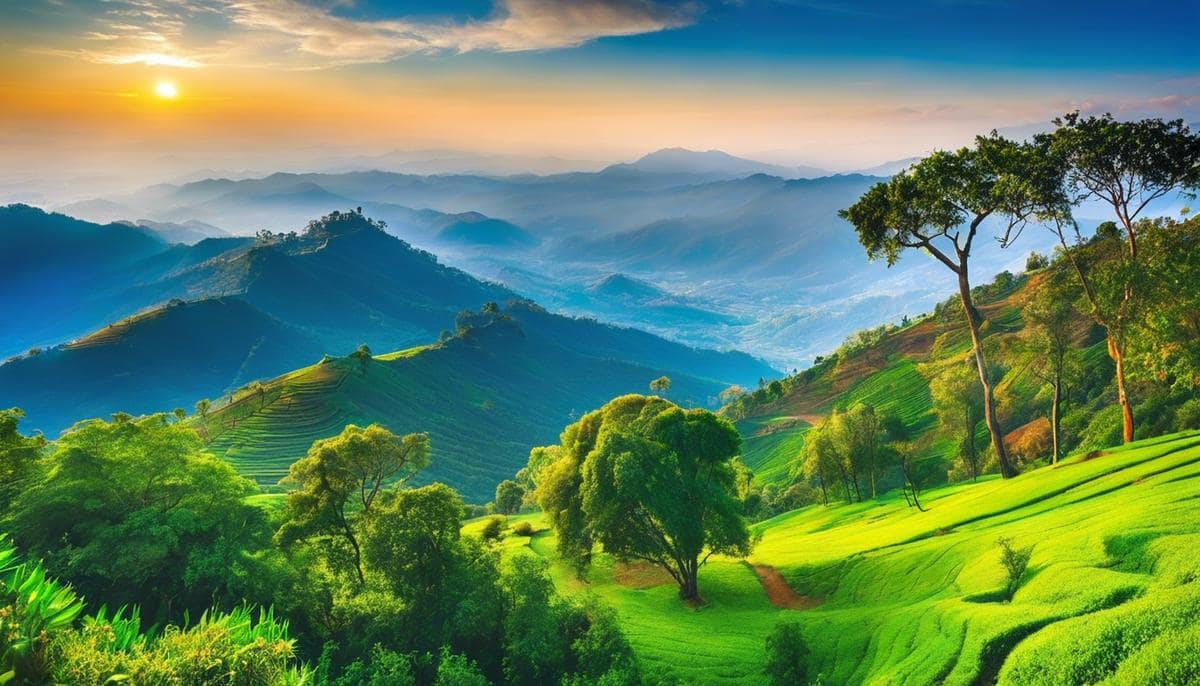 A scenic view of a beautiful landscape with rolling hills and a vibrant blue sky, representing the wonders of the Palani and Kodaikanal tour.