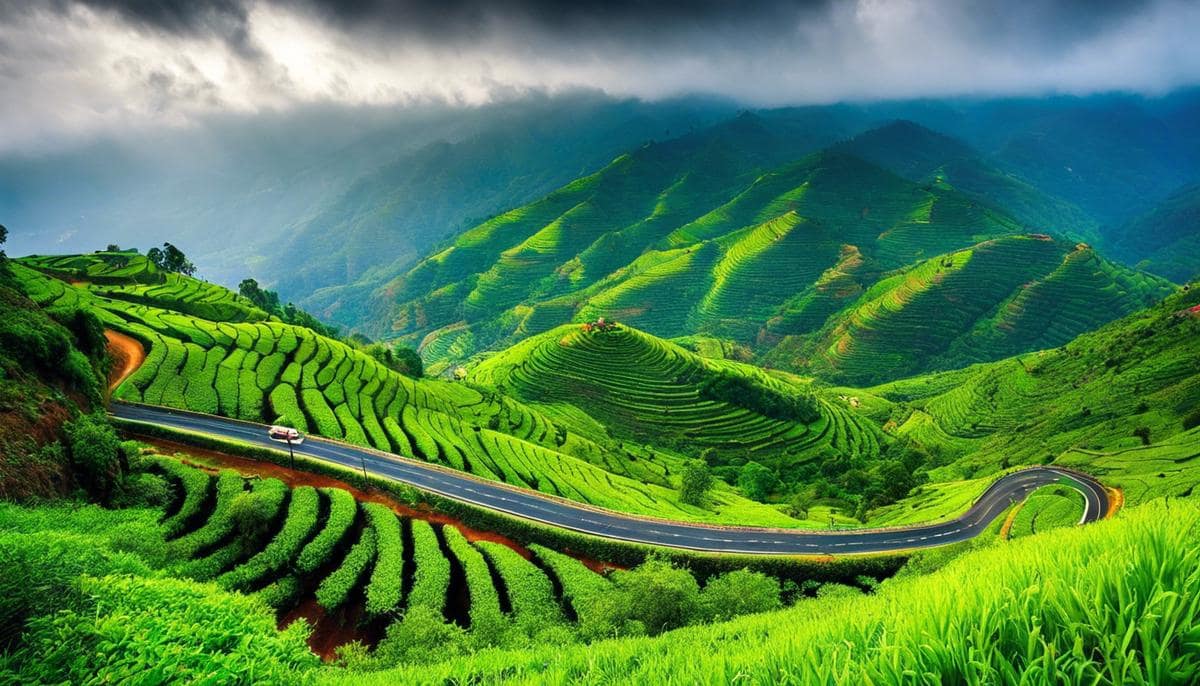 A scenic view of the winding road from Palani to Kodaikanal, surrounded by lush green hills and misty clouds.