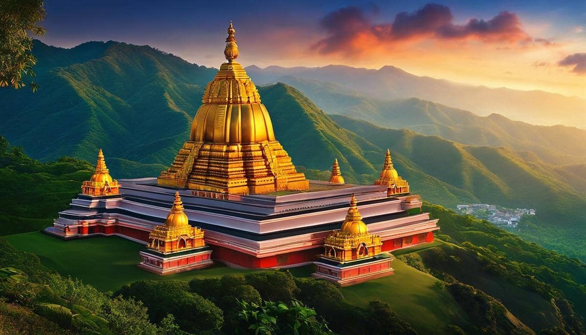 A picturesque view of the Palani Murugan Temple at sunrise with the hills in the background