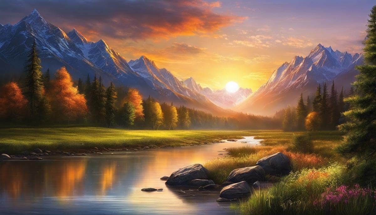 A beautiful landscape with mountains, a river, and a sunset.