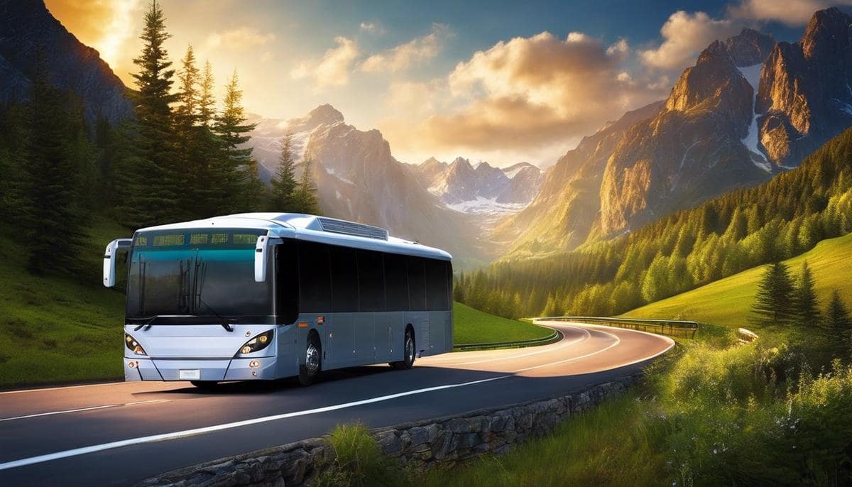 A bus traveling through scenic mountains